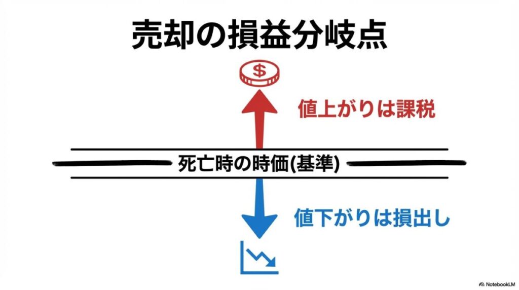 移管後の売却タイミングと税金の関係図。死亡時の時価を基準に、値上がり時は課税され、値下がり時は譲渡損失として計上できることを示した画像。