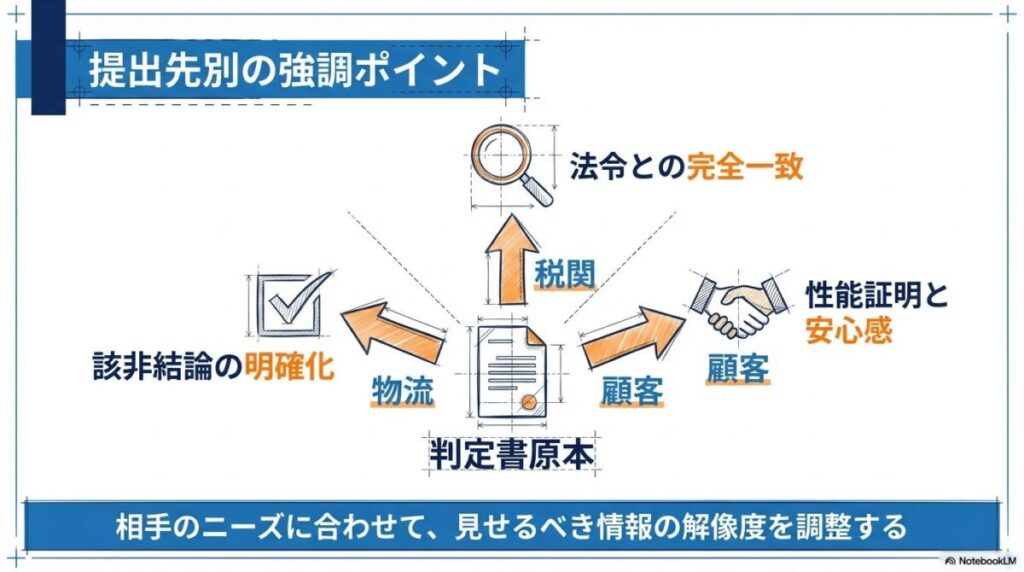 提出先（税関、顧客、物流業者）ごとに該非判定書で重視すべきポイントを整理した相関図。相手のニーズに合わせた情報開示の使い分け。