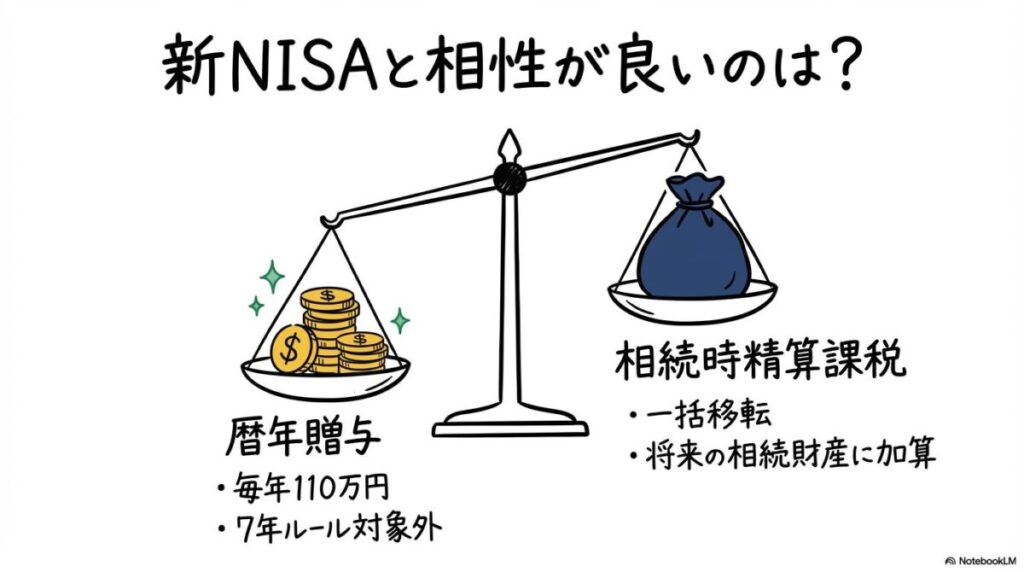暦年贈与と相続時精算課税制度の比較図。孫名義の新NISA活用においては、資産を完全に切り離せる暦年贈与が有利であることを示す天秤図。