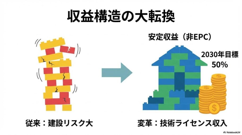 収益構造の転換を示す図解。リスクの高い建設請負型から、安定したライセンス収入型（非EPC）へシフトしている様子を対比。