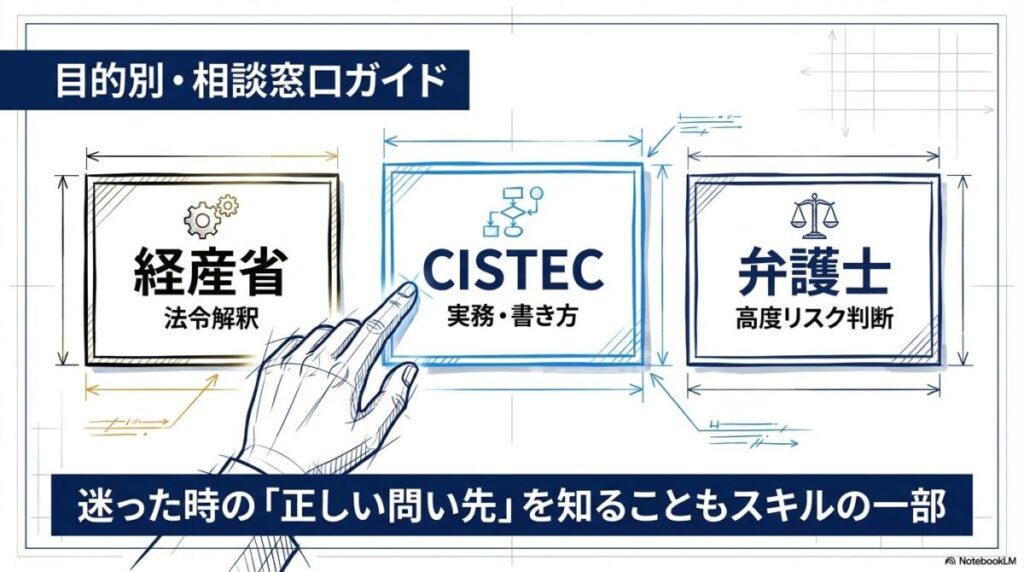 該非判定に迷った際の相談先ガイド。法令解釈は経産省、実務相談はCISTEC、高度な判断は弁護士と、目的別の使い分けを示した図。