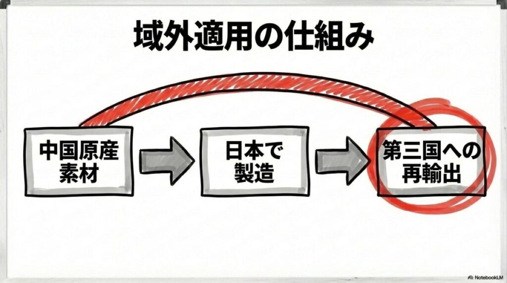 中国の輸出管理法における域外適用のイメージ。中国原産の素材が含まれる場合、日本での製造後も第三国への再輸出まで規制が及ぶ様子を表現した画像。