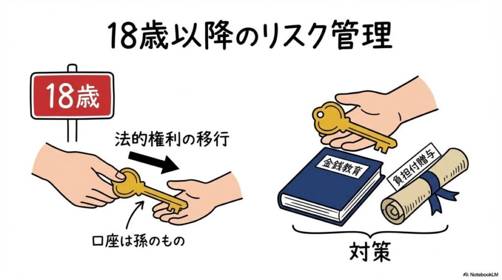孫が18歳成人した際のリスク管理図解。口座の管理権限が孫に移る事実と、使い込みを防ぐための教育や契約上の対策。