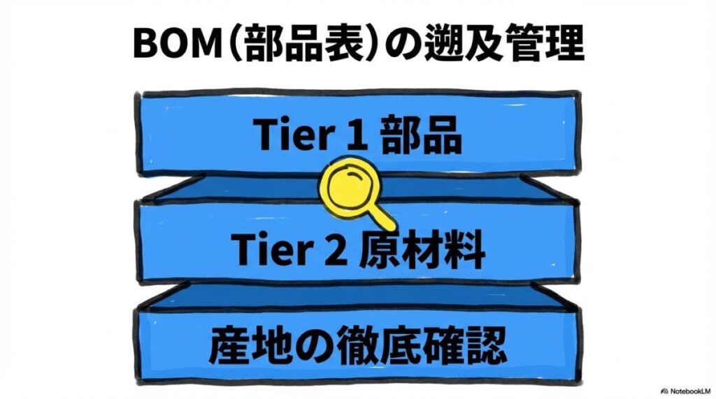 サプライチェーンの深部まで中国原産素材を遡って管理するBOMチェックのイメージ。原材料から完成品までの各階層をカード型で表現した画像。
