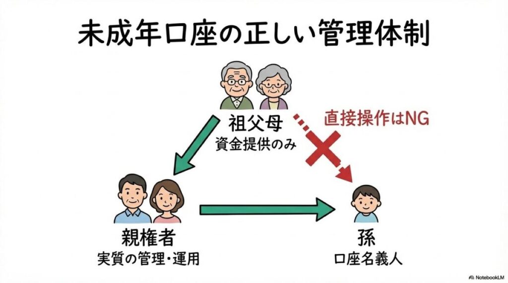 未成年口座における正しい管理体制の相関図。祖父母は資金提供に徹し、運用管理は親権者が行うべきであることを示す図。