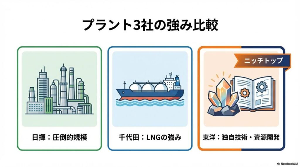 日揮、千代田化工建設、東洋エンジニアリングの比較図解。それぞれの強みと特徴をカード形式で整理した画像。