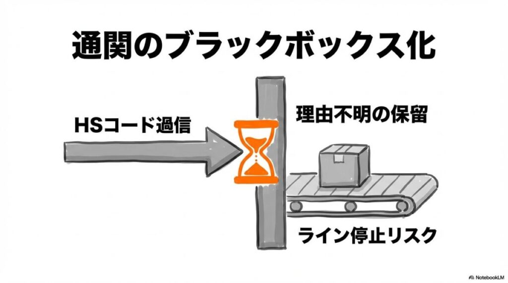 HSコードに頼った申告が中国税関で保留されるリスク。日本本社の認識と現地の厳格な審査のギャップをVS図で表現した画像。