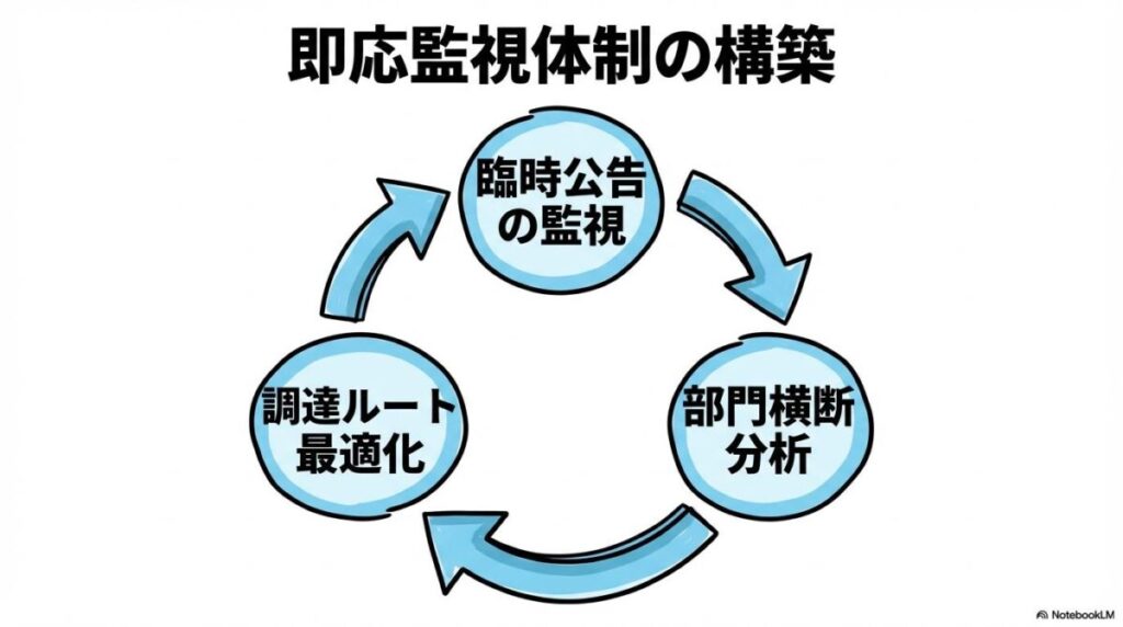 今後の規制拡大に対応するための企業監視体制。情報の収集、分析、実行をサイクルとして回す「攻めのコンプライアンス」を表現した画像。