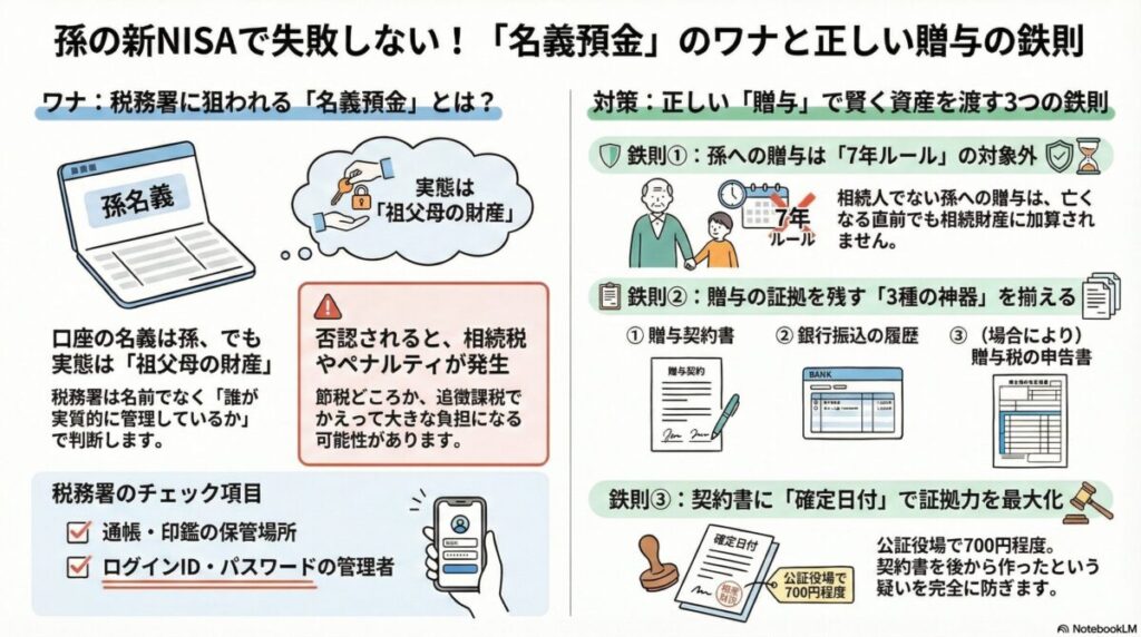 図解『新NISAを孫名義で運用する際の贈与税対策は？名義預金を防ぐ契約・管理の実務完全ガイド』
