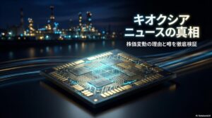 暗闇で青く精密に光るキオクシアの半導体チップ。この記事のテーマである「キオクシア ニュース」の深層と株価変動の理由を象徴する一枚。