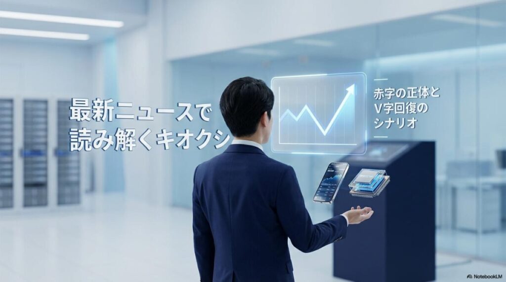 上昇する株価チャートを見つめるビジネスパーソン。最新の「キオクシア ニュース」を通じて企業の成長性と投資判断の材料を整理することをイメージした一枚。