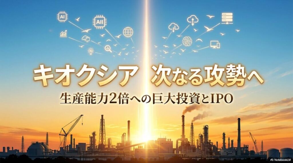 朝焼けの空に光が伸びる四日市工場。キオクシアの最新ニュースである「生産能力2倍への巨大投資」と未来への期待感を表現した一枚。