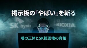 掲示板の書き込みを深刻な表情でチェックする投資家。この記事のテーマである「キオクシア 掲示板」の噂とSK hynixの拒否権という不透明な状況を象徴する一枚。