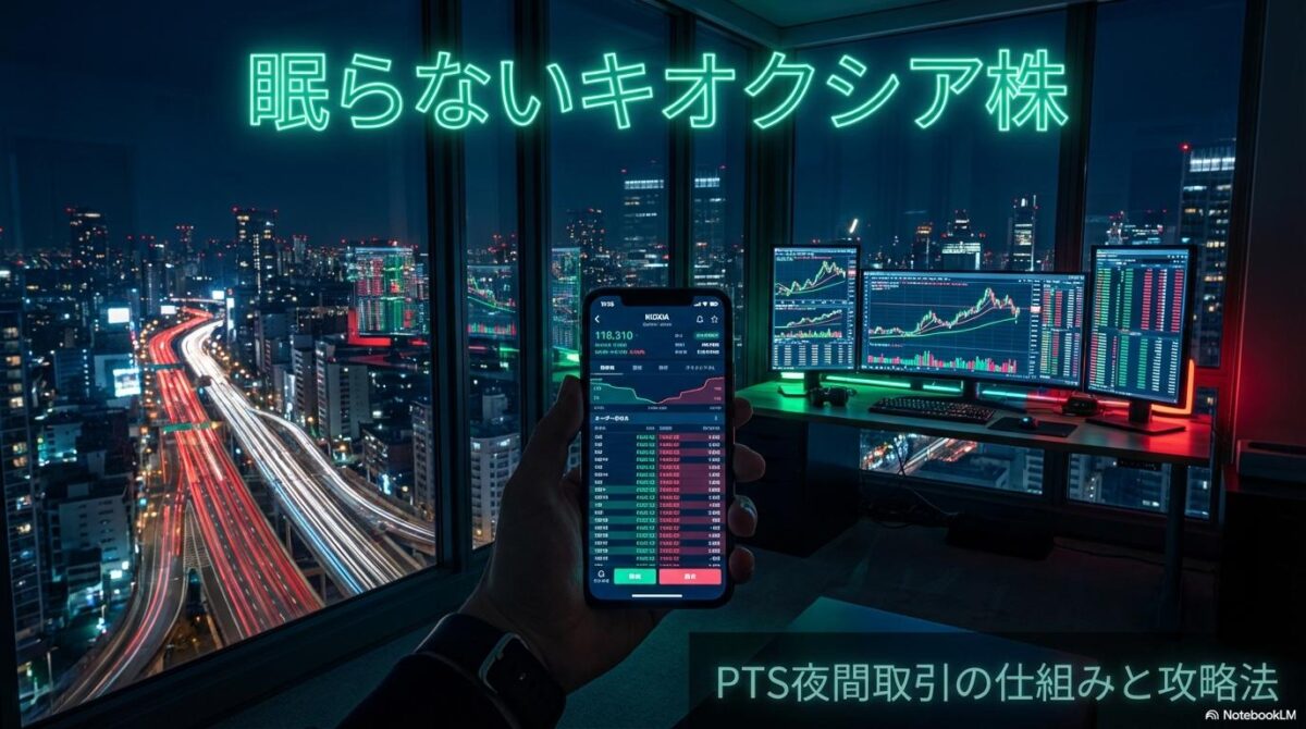 夜の部屋で株価チャートとキオクシアのPTS画面をチェックする様子。この記事のテーマである「キオクシア pts」の夜間取引と市場の24時間性を象徴する一枚。