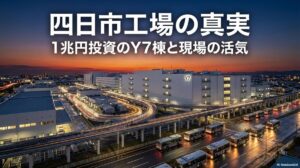 夕暮れ時にそびえ立つ巨大なキオクシア四日市工場の全景。この記事のテーマである「キオクシア 四日市 工場」の圧倒的なスケール感と稼働状況を象徴する一枚。