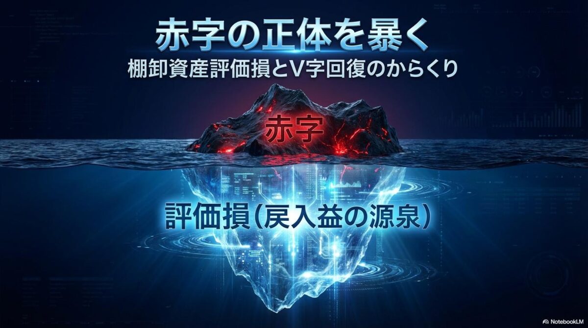 赤字と評価損を氷山に例えた図解。キオクシアの赤字決算の裏にある会計上の仕組みと将来の利益回復を象徴する一枚。