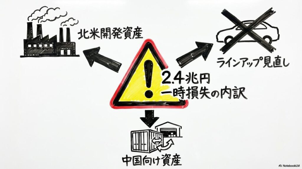 2.4兆円巨額損失の衝撃と現状の図解。中央の損失額から、北米、ラインアップ、中国という3つの減損要因への関係性を、センター配置で表現した画像。