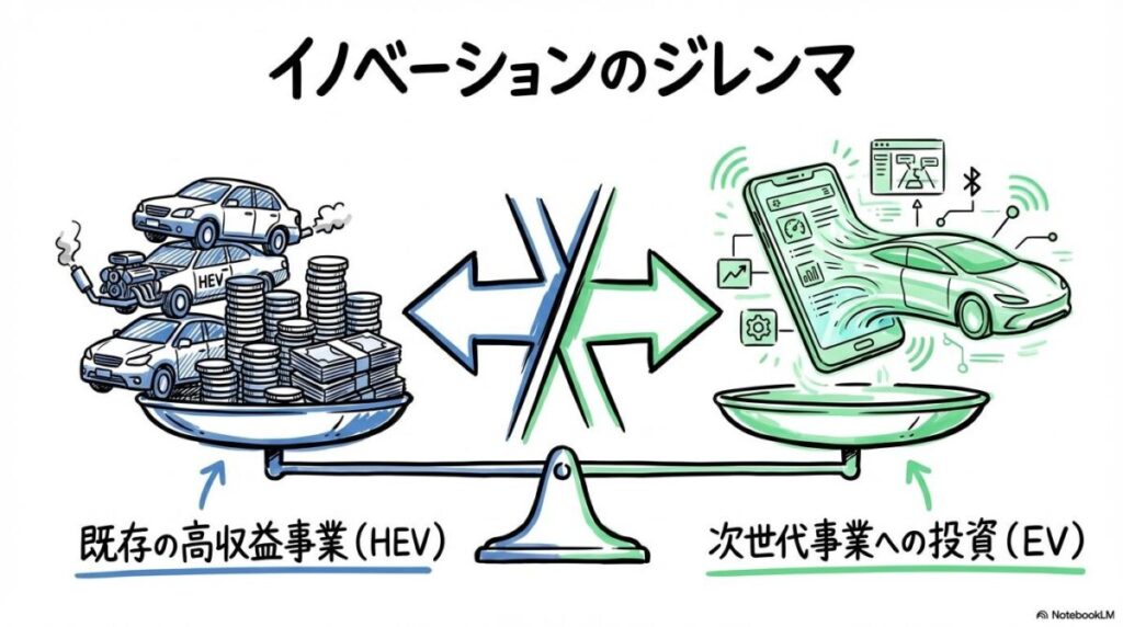 イノベーションのジレンマの図解。既存の高収益事業と次世代事業への投資の関係性を、VS図で表現した画像。