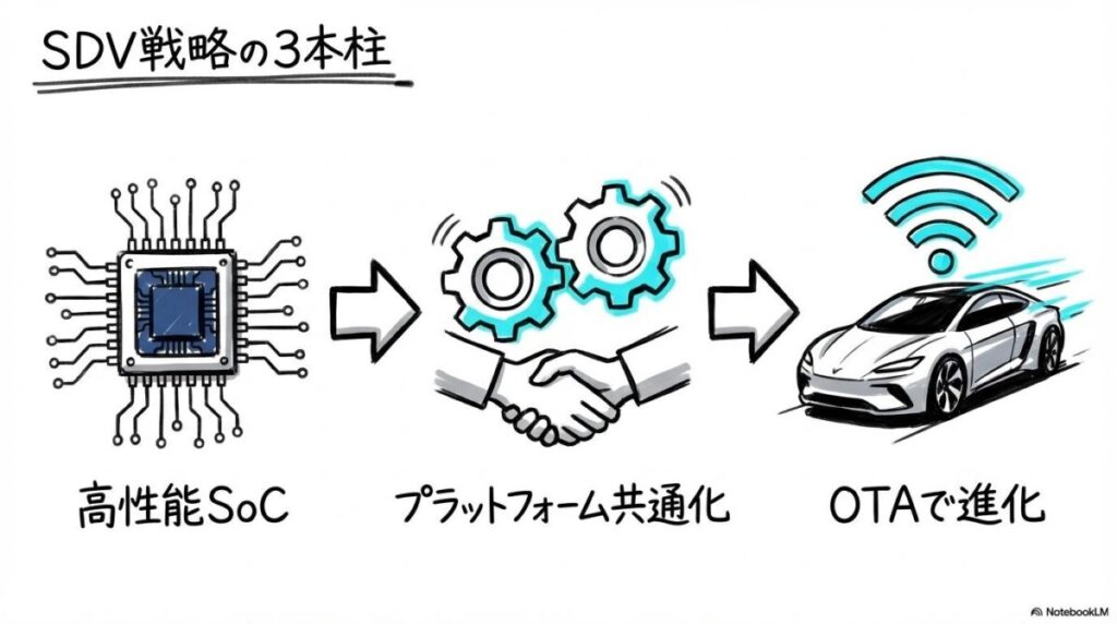SDV（ソフトウェア定義車両）とHonda 0シリーズの図解。高性能SoCからプラットフォーム共通化、OTA進化への関係性を、3ステップ図で表現した画像。