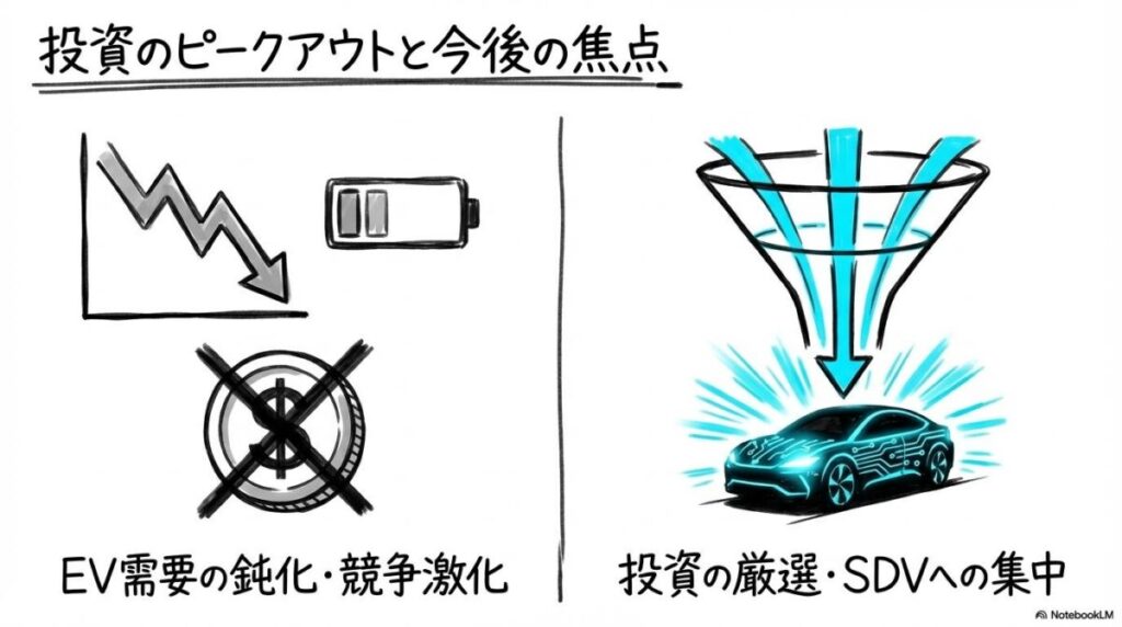 過去の決算データから読み解くホンダEVシフト路線の推移と課題の図解。過去の課題と今後のフォーカスの関係性を、カード型で表現した画像。