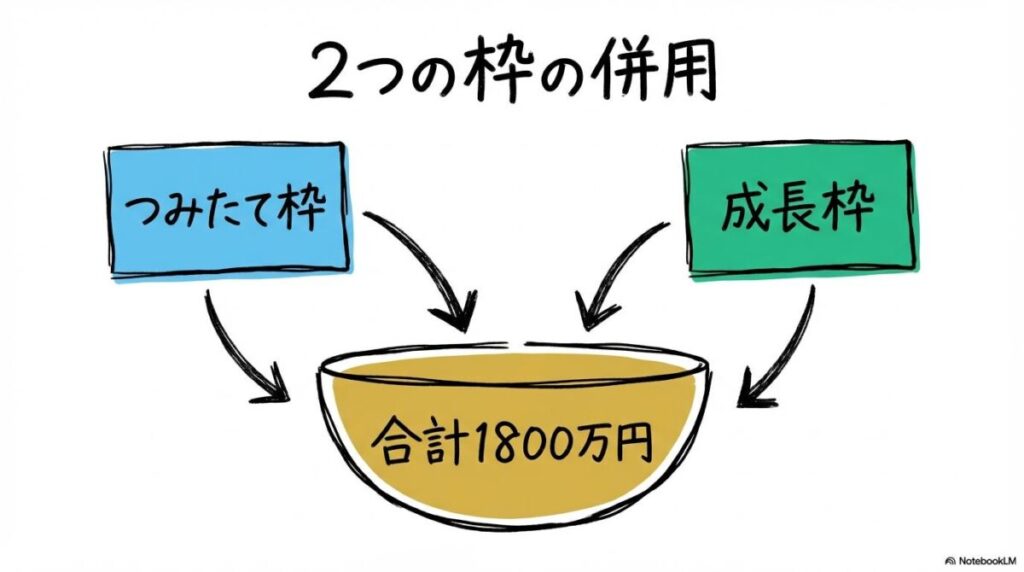 新NISAにおける成長枠とつみたて枠の併用のやり方の図解。2つの枠が合流して生涯枠1,800万円を構成する関係性を、カード型で表現した画像。