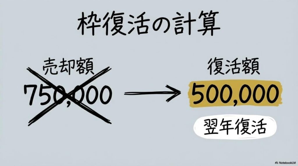 売却した時に復活する枠の計算例の図解。時価ではなく簿価分が戻る仕組みを、数式図で表現した画像。