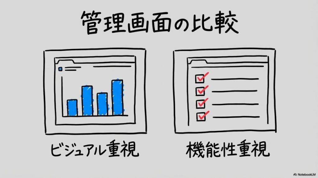 SBI証券と楽天証券の管理画面の表示の違いの図解。それぞれのUIの特徴を、カード型で比較表現した画像。