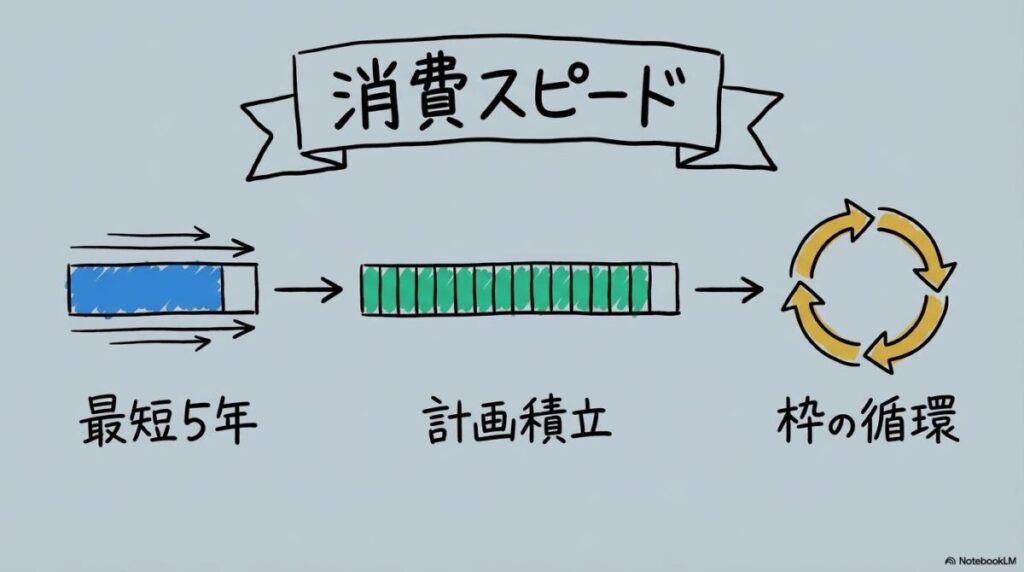新NISAの生涯枠を消費するシミュレーションの図解。異なるスピード感と再利用のサイクルを、3ステップ図で表現した画像。