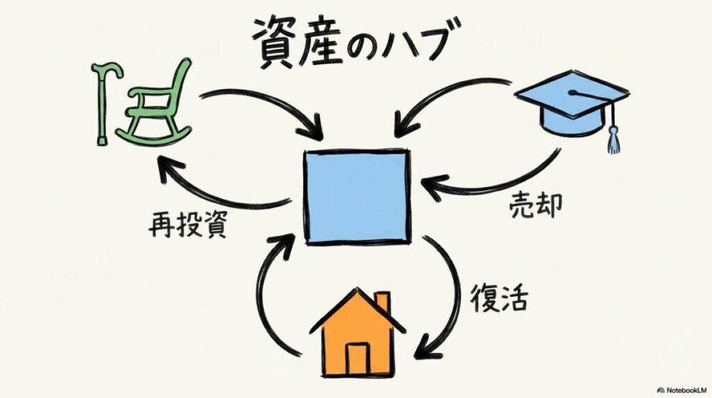ライフプランに合わせた売却と再投資のサイクルの図解。NISA口座をハブとして資金が循環する様子を、センター配置で表現した画像。