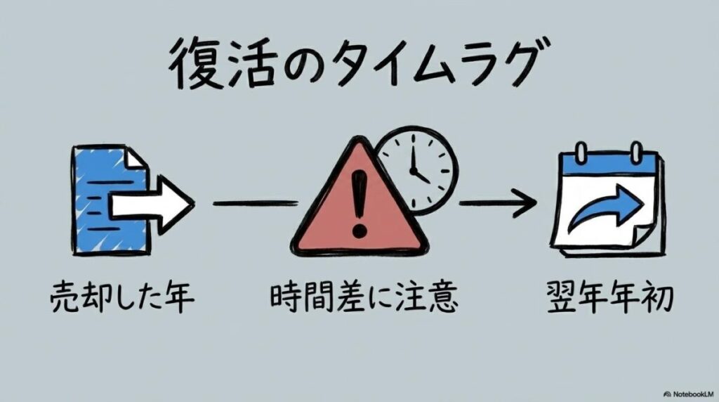 成長枠とつみたて枠の併用における枠復活のタイミングの図解。売却の翌年に枠が戻る時間差を、VS図で表現した画像。