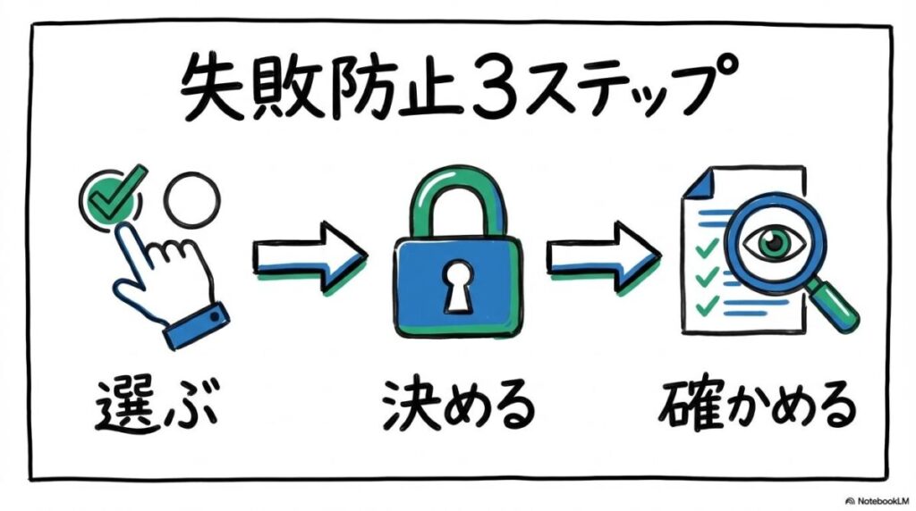 買付設定のやり方で失敗しないための回避策の図解。設定から確認までの正しい手順を、3ステップ図で表現した画像。