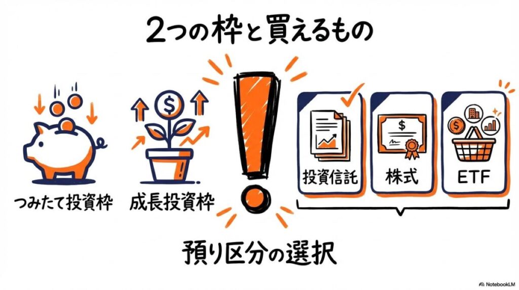 新NISA成長投資枠の基礎知識の図解。つみたて投資枠との違いと、アプリで選択可能な商品(投信・株)の関係性を、スプリット構図で表現した画像。