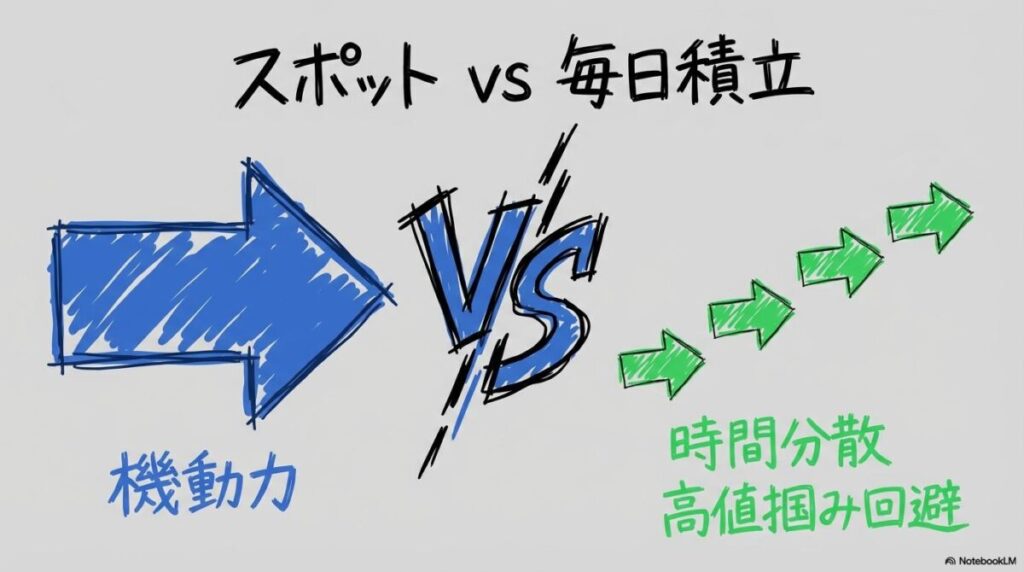 スポット購入と毎日積立の比較図解。一括投資と時間分散の仕組みの違いを、VS図で表現した画像。