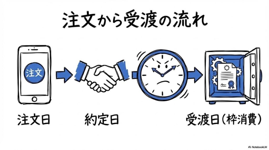 約定日と受渡日の仕組みの図解。注文から決済、非課税枠の消費までのプロセスを、3ステップ図で表現した画像。