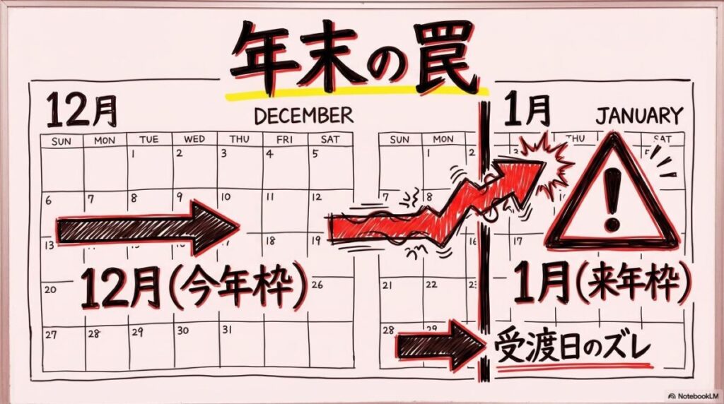 年末の駆け込み投資における受渡日ズレの注意点。年内に注文しても受渡が翌年になるリスクを、ビフォーアフター構図で表現した画像。