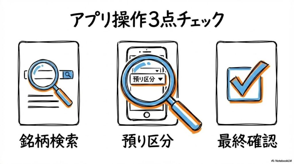 アプリでのスポット購入操作手順の図解。銘柄選択から預り区分の指定までの重要ステップを、カード型で表現した画像。