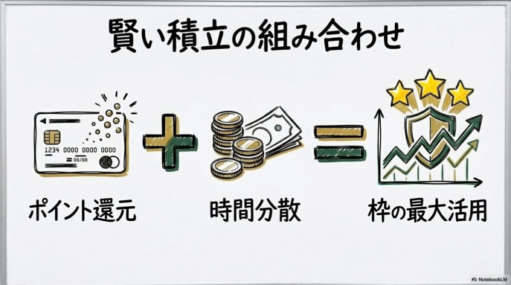 クレカ積立と毎日積立の併用戦略の図解。ポイント還元とリスク分散を両立する考え方を、数式図で表現した画像。