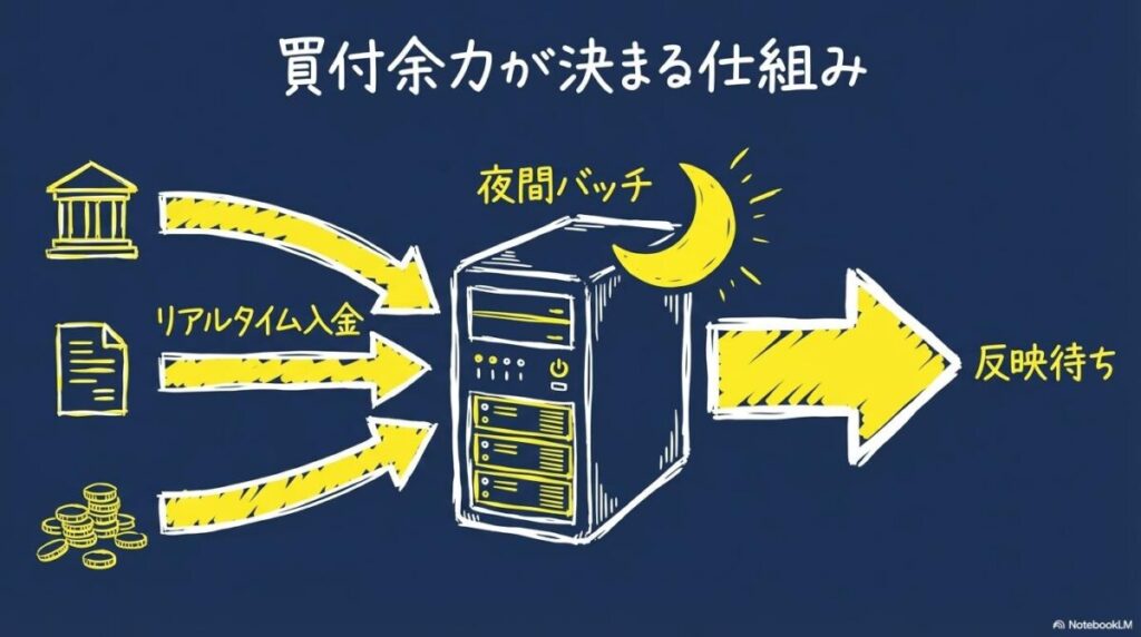 買付余力とバッチ処理の関係性の図解。銀行入金や注文がシステム内部でどのように処理されるかを、センター配置で表現した画像。