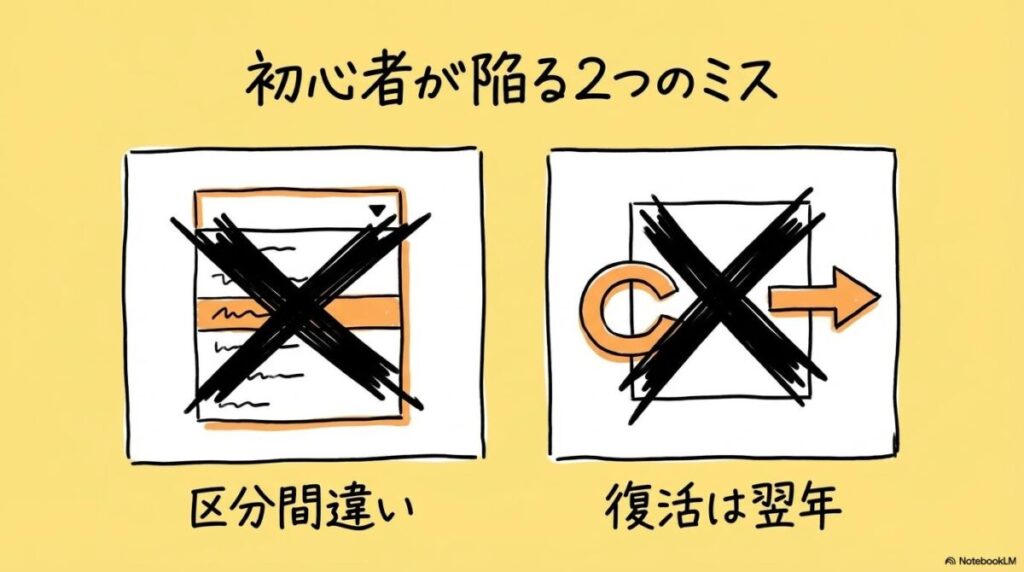 アプリ操作における代表的な失敗例の図解。預り区分の選択ミスと枠復活ルールの誤解を、カード型で表現した画像。