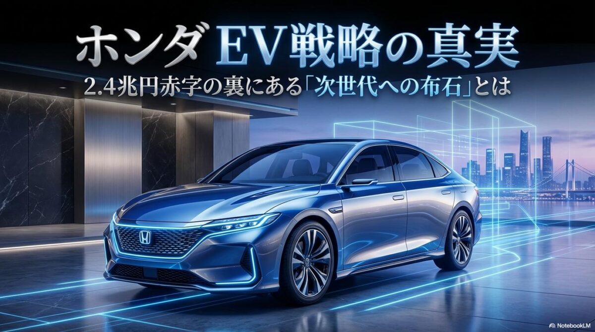 夜明け前のショールームに展示された未来的なEVセダン。この記事のテーマである「ホンダ ev 赤字 今後」の行方と、次世代への戦略見直しを象徴する一枚。