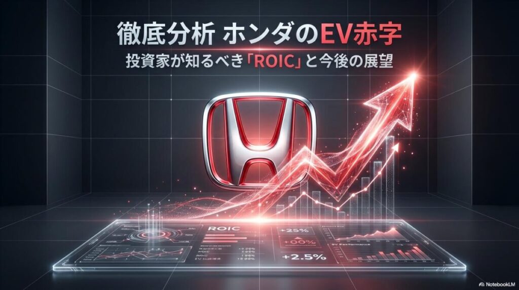 上昇する光の矢印とホンダのエンブレムの3Dイラスト。この記事のテーマである「ホンダ ev 赤字 今後」の分析と、投資家が注目すべき判断材料を象徴する一枚。