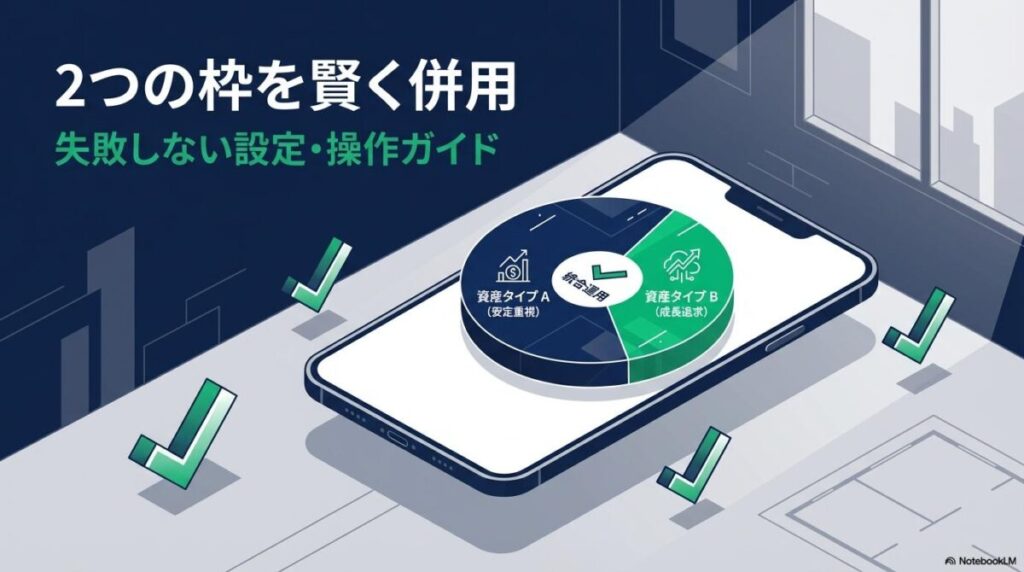スマートフォンの管理画面に表示された新NISAの資産内訳のイラスト。この記事のテーマである「新NISAの成長枠とつみたて枠を併用するやり方」を象徴する一枚。