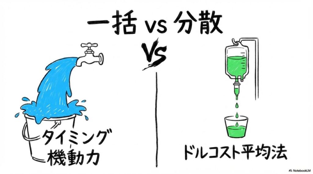 スポット購入と積立設定の機能比較図解。一括投資と分散投資のイメージを、VS図で表現した画像。