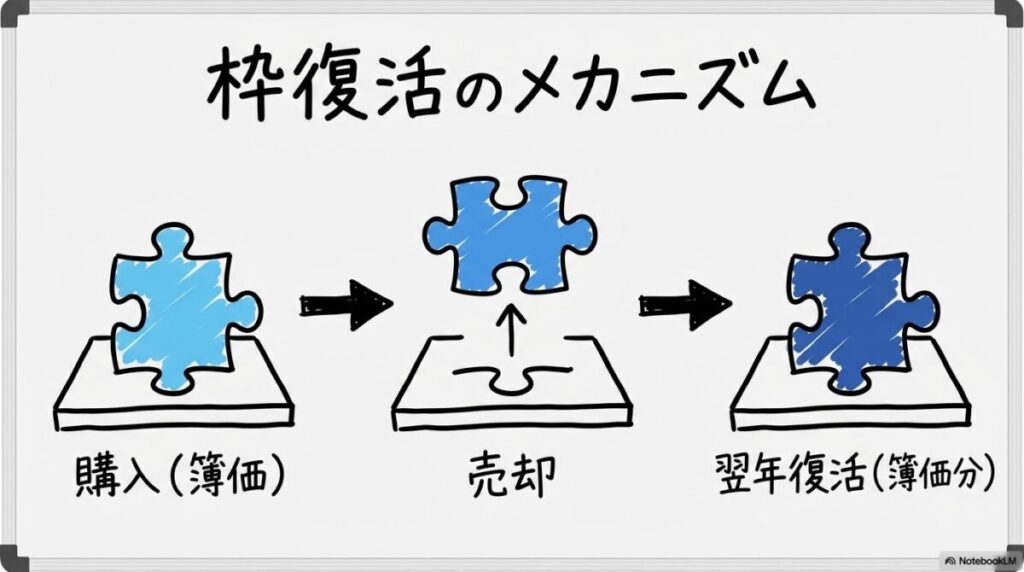 非課税枠の再利用ルールの図解。売却後に取得価額（簿価）分が翌年に復活するプロセスを、3ステップ図で表現した画像。