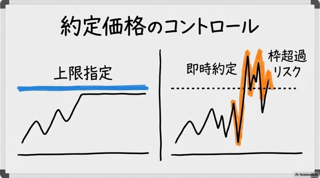 指値注文と成行注文のリスク比較図解。価格指定による安心感と、成行による価格ブレのリスクを、スプリット構図で表現した画像。