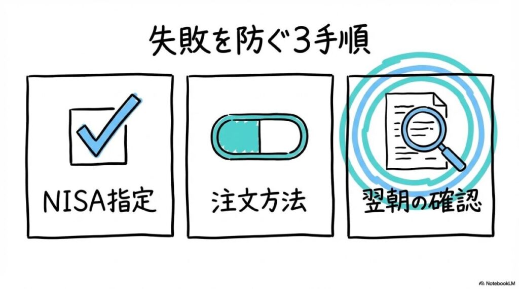 アプリ操作手順のチェックポイント図解。預り区分の指定から注文後の履歴確認までを、カード型で表現した画像。