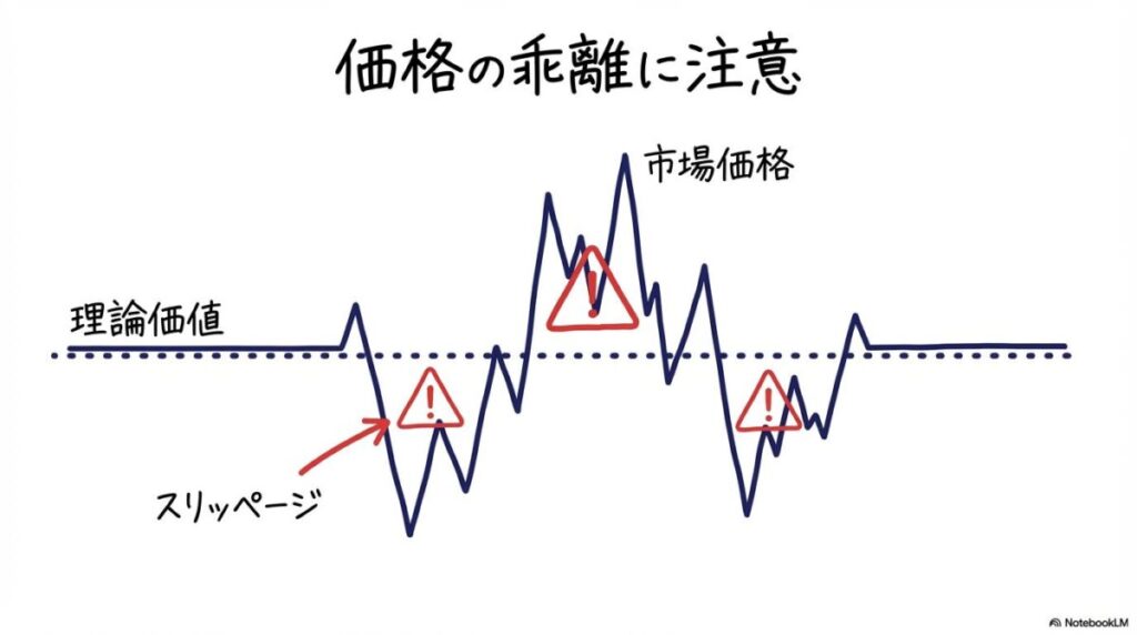 ETFの市場価格と理論価値の乖離リスクの図解。需給による価格のズレ（プレミアム・ディスカウント）を、センター配置で表現した画像。