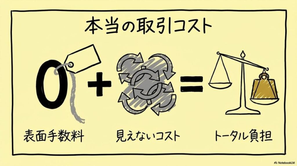 売買手数料と隠れたコストの構成図解。無料手数料の裏にあるスプレッドや為替手数料の関係を、数式図で表現した画像。