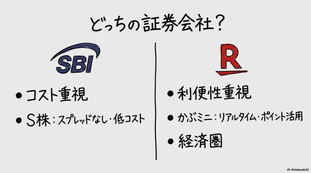 SBI証券と楽天証券のスポット購入仕様の比較図解。コストと利便性の違いを、VS図で表現した画像。