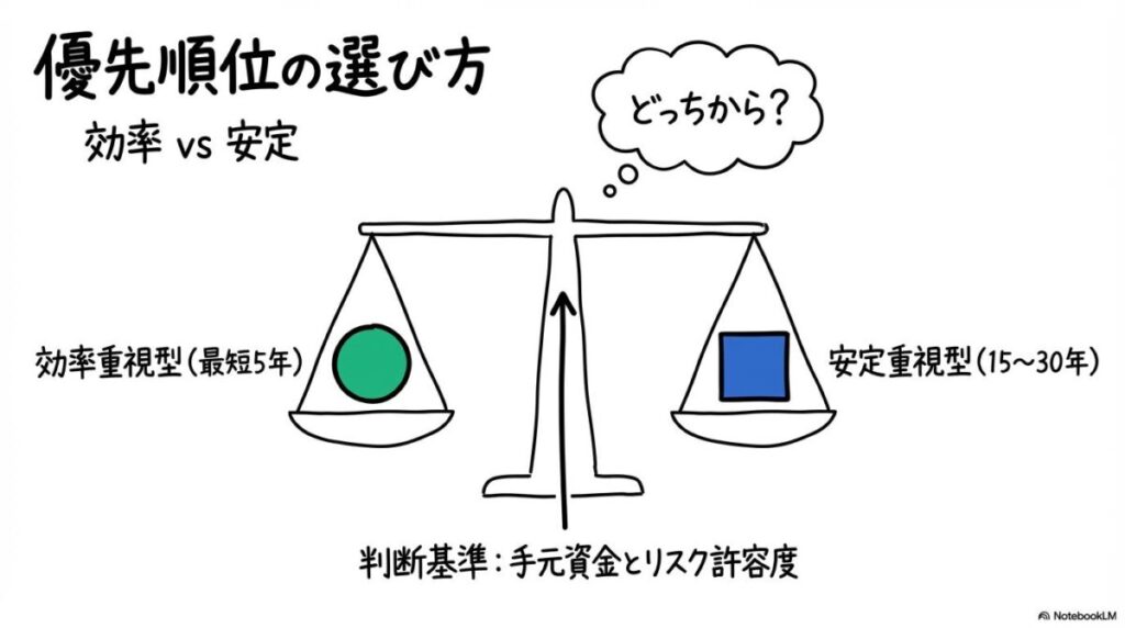 新NISAの成長投資枠と積立投資枠はどっちから使うべきかの判断基準の図解。効率型と安定型の比較を、VS図で表現した画像。